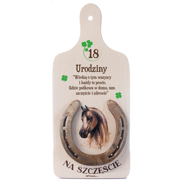 Deska dekoracyjna Na Szczęście z prawdziwą podkową - "18 Urodziny"