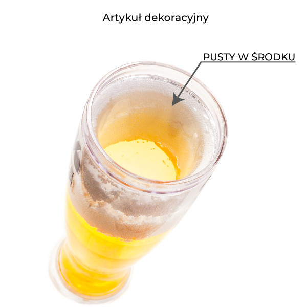 Art. dekoracyjny plastikowa szklanka do piwa z podwójnymi ściankami z brokatem  i napisem " Morda się śmieje gdy piwo się leje ". Wysokość 24 cm