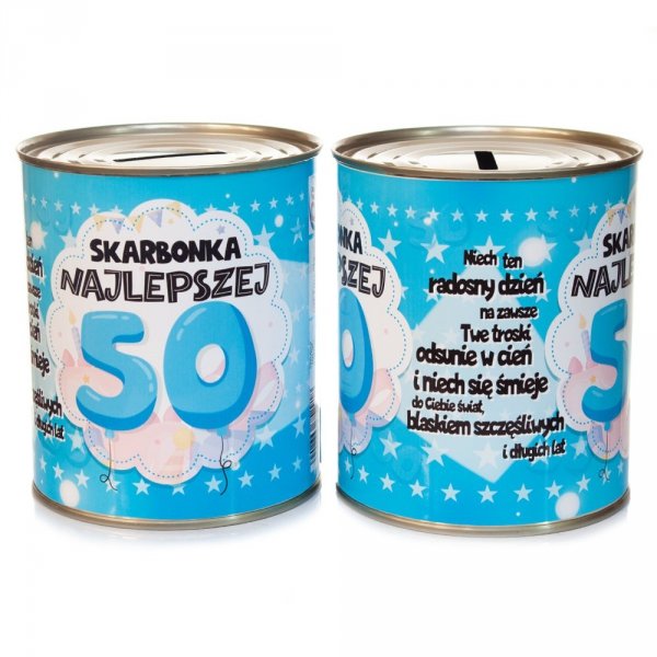 Skarbonka metalowa urodzinowa z napisem &quot;Skarbonka Najlepszej 50&quot;