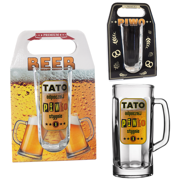 Kufel do piwa z napisem "Tato odpocznij piwko stygnie" w ozdobnym opakowaniu. 500 ml