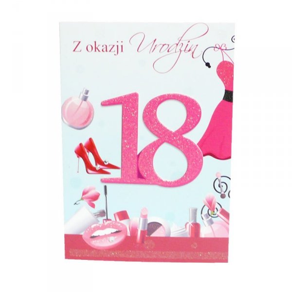 Kartka Z Okazji 18 Urodzin, kolor rózowy, damskie przybory