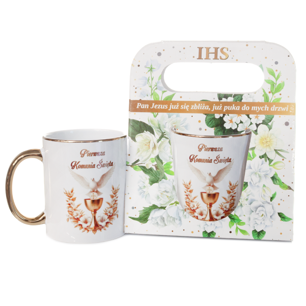 Kubek ceramiczny ze złotym rantem i uchem "Pierwsza Komunia Święta" w ozdobnym opakowaniu