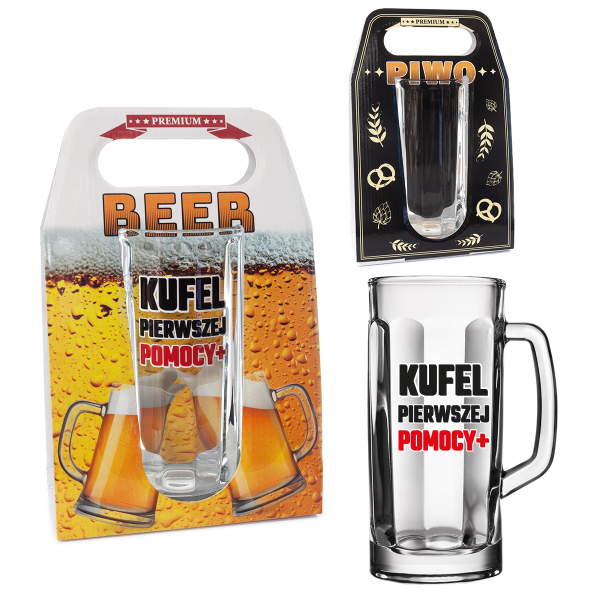 Kufel do piwa z napisem "Kufel Pierwszej Pomocy" w ozdobnym opakowaniu, 500 ml