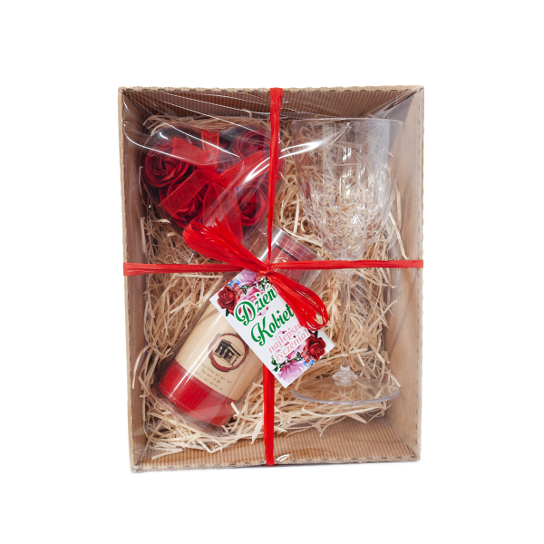 Zestaw dla KOBIETY - Kieliszek do wina PS, zestaw mydełek w różyczki,ręczniczek z mikrofibry