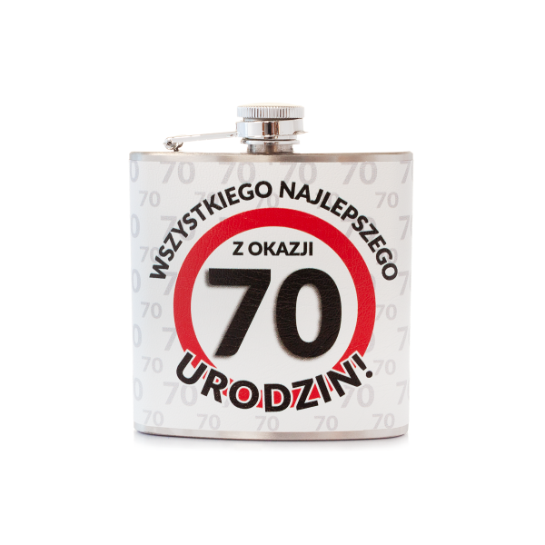 Piersiówka ze stali nierdzewnej &quot;Wszystkiego Najlepszego z Okazji 70 Urodzin&quot;